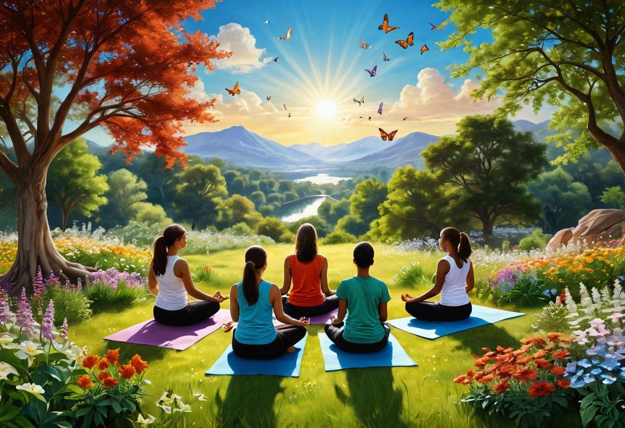 A serene landscape depicting a diverse group of individuals engaged in holistic health practices like yoga, meditation, and herbal therapy under a warm sun. Incorporate symbols of hope such as blooming flowers and butterflies, alongside uplifting phrases like 'strength' and 'resilience' in the background. The scene should convey a sense of community, support, and tranquility. vibrant colors. super-realistic.