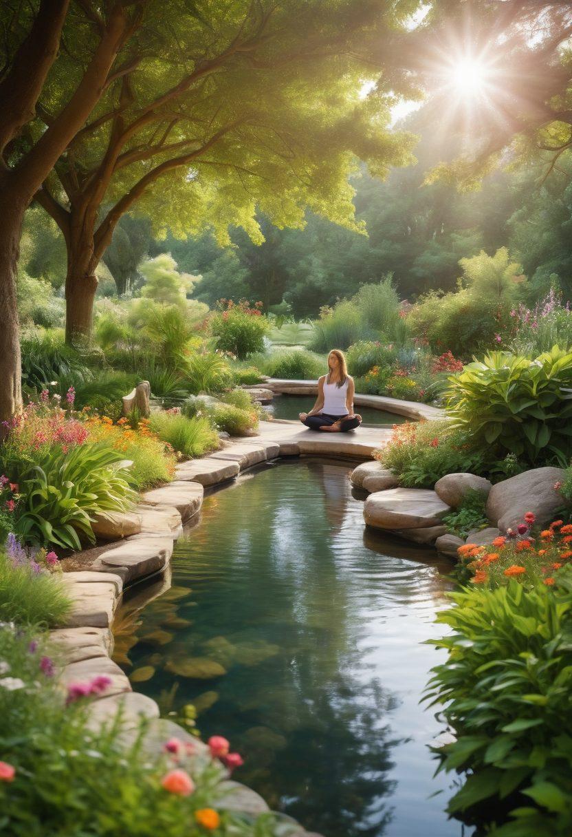 A serene landscape depicting a diverse group of people engaged in various preventive care activities like yoga, meditation, healthy cooking, and outdoor exercise. The background should feature a sunny park with lush greenery and blooming flowers, symbolizing wellness and vitality. Incorporate elements such as fresh fruits, heart-rate monitors, and a calming water feature to emphasize a lifestyle of health. The scene should radiate positivity and encouragement. vibrant colors. super-realistic.