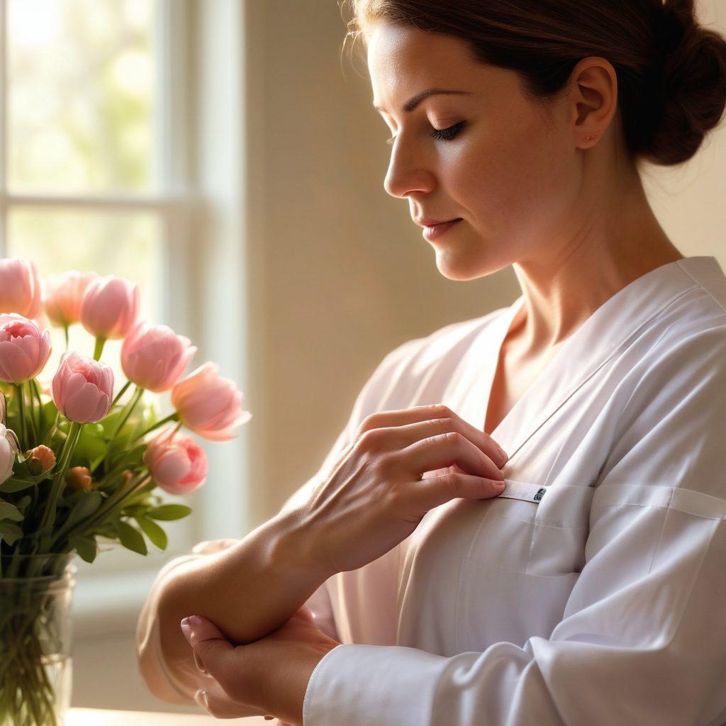 A serene, comforting scene depicting a nurse gently holding the hand of a cancer survivor, surrounded by soft, warm lighting that symbolizes hope. In the background, silhouettes of family members embrace, illustrating emotional support. Integrate elements of nature, like blooming flowers, to signify renewal and strength. The atmosphere should evoke compassion and resilience. super-realistic. soft pastel colors. white background.